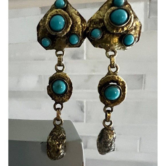 Vintage Mid Century HENRY PERICHON  Earrings Faux Turquoise  Gilt Bronze Rare - Picture 4 of 16